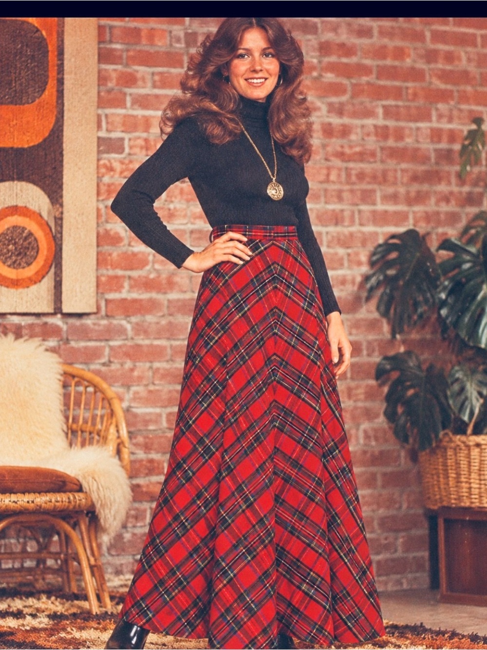 Vintage 70s Red  Wool Tartan Plaid A-line High Waisted Maxi Skirt